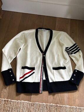 THOM BROWNE  Thom Browne White Jersey Stripe 4-Bar Cardigan Men's 5 XXL